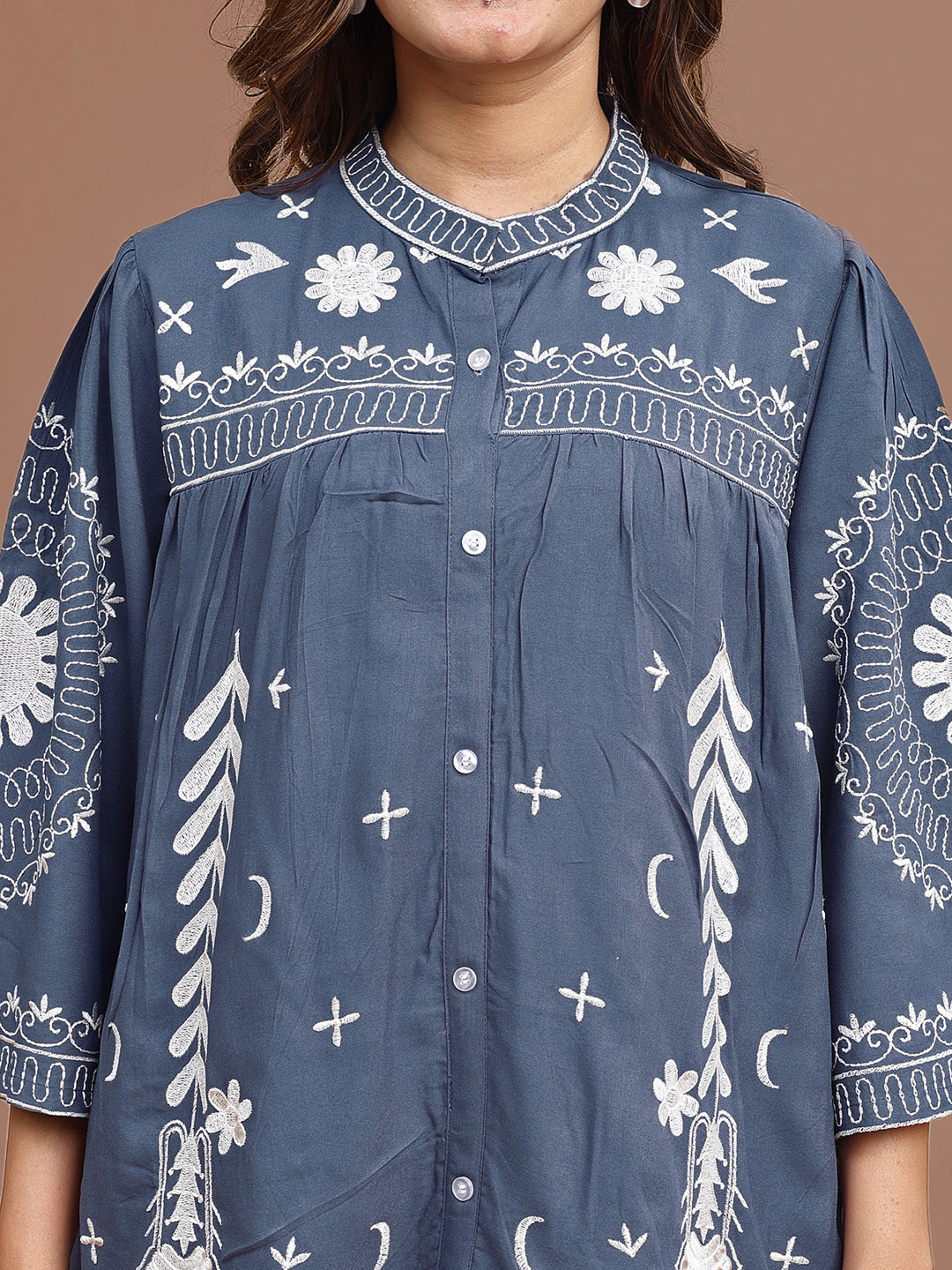 Denim Blue Colored Rayon With White Thread Embroidered Tunic & Trouser